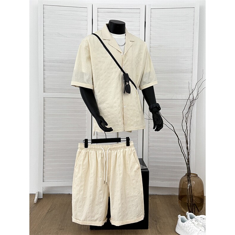 TZ52932/P65西服领短袖衬衣裤子套装男潮夏季肌理感西装领两件套，男装西服，电商A141