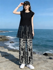 慵懒风减龄时尚套装女夏新款遮肚显瘦无袖网纱拼接上衣长裤两件套，女装套装/套裙，江南
