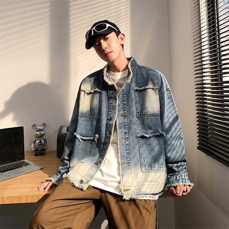 痞帅小众设计感毛边牛仔外套男水洗渐变ins复古宽松夹克潮牌新图片
