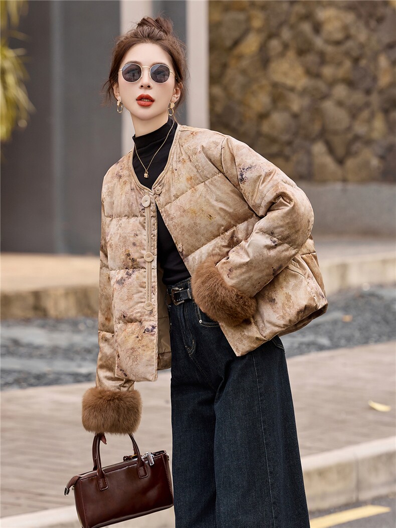 新中式90提花羽绒服2025年冬季新款高级感优雅气质白鸭外套,女装羽绒服,玖莱伊
