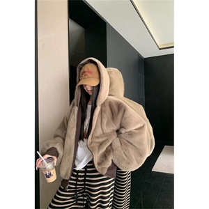 网图加绒重磅座山雕不掉毛两面穿仿兔毛连帽外套YY2527-特P108图片