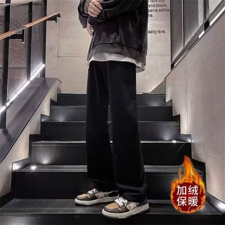 秋冬加绒加厚纯黑色修身微喇牛仔裤男款显高裤长裤网图 NK655-P40图片