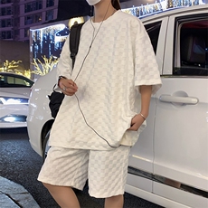 TZ84647/P60夏季新款格子短袖短裤t恤休闲宽松大码两件套套装男，男装休闲套装，电商A141