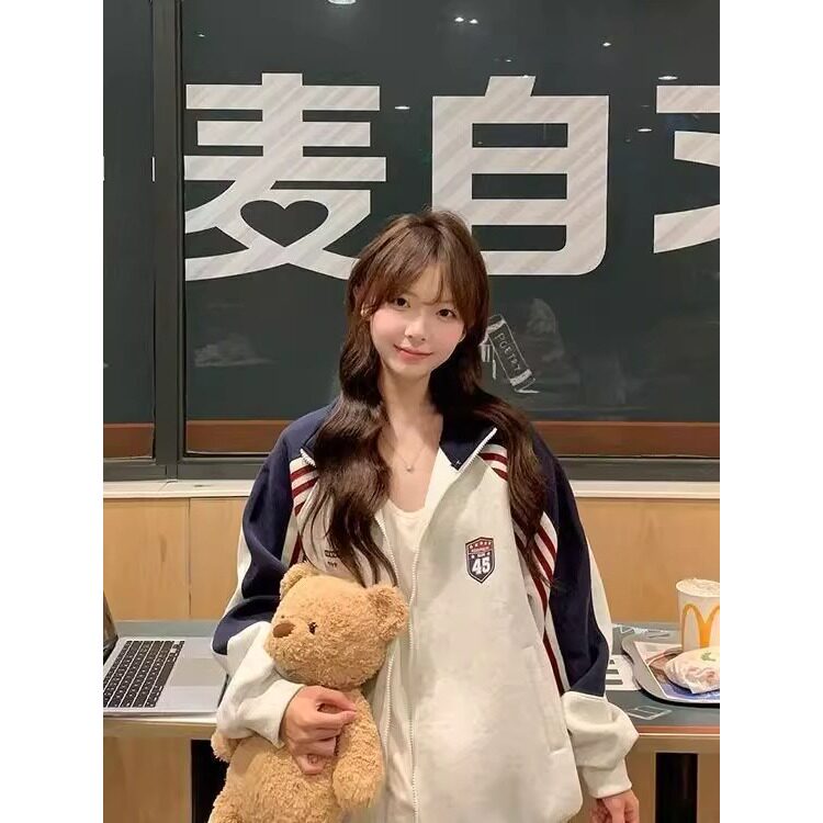 网络图现货复古插肩袖条纹三条杠徽章宽松字母立领开衫JW02-P45,男装卫衣,星座715-7