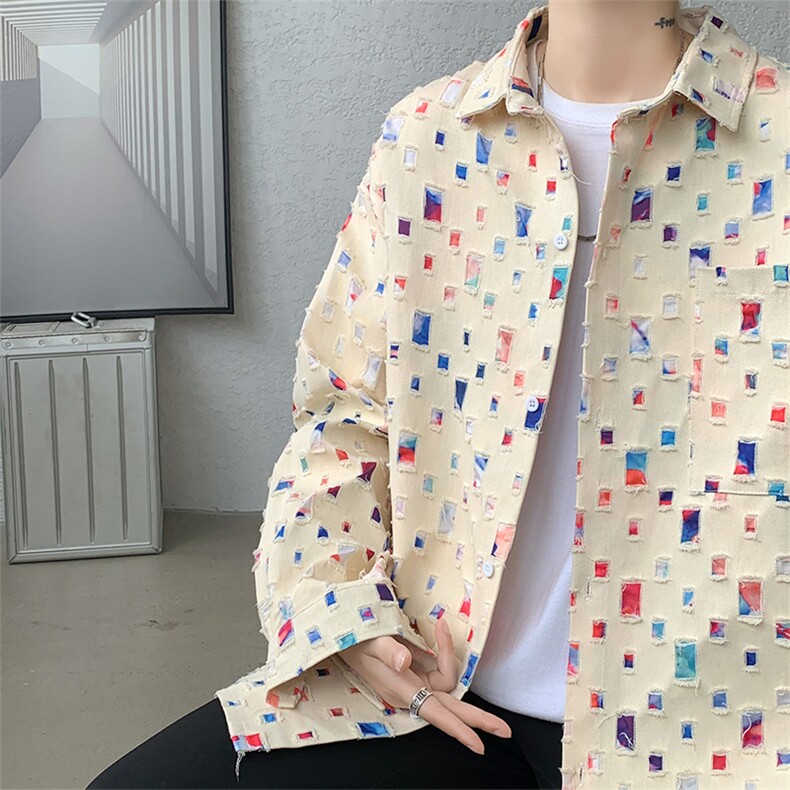 现货秋季特批50新款高品质破洞衬衫抖音品质CS7842-P50控78,男装衬衫,电商A059