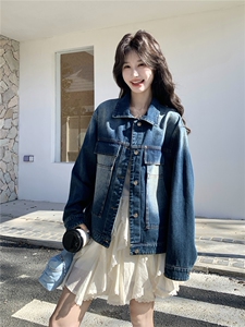 韩版渐变水洗牛仔夹克女拼接口袋设计感宽松休闲百搭秋款短外套图片