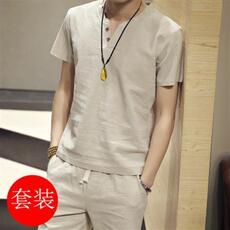 风两件套夏季短袖套装男士宽松亚麻古装汉服衣服禅服唐装p20，男装休闲套装，星座1511