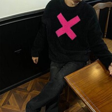 美式潮牌字母X宽松撞色仿貂绒毛衣男女青年秋冬季流行休闲针织衫，男装针织衫/毛衣，星座813-2