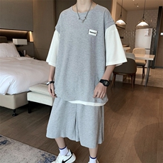 假两件短袖T恤套装男潮牌宽松港风夏纯棉华夫格短裤学生T651-P45，男装T恤，星座512-2