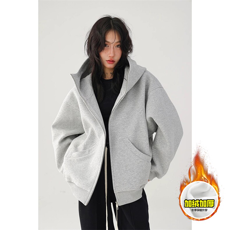 480G重磅加绒硬挺boxy男女秋冬美式高街防风高领卫衣开衫厚外套，女装短外套，电商A486-1