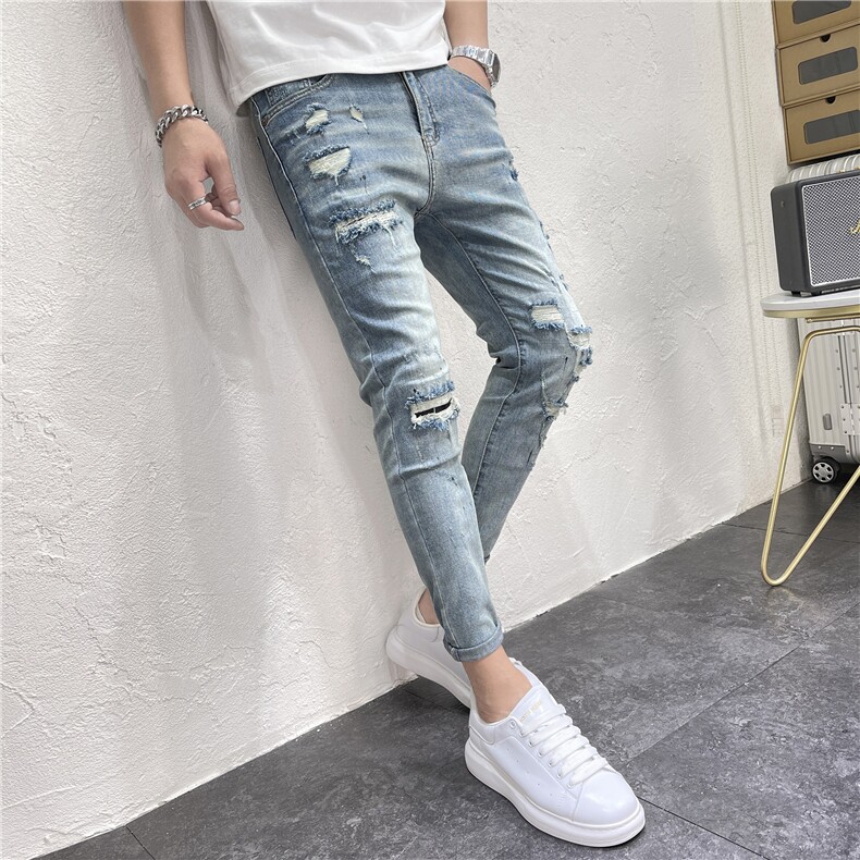 2023秋季破洞潮流漆点小脚裤韩版牛仔裤男九分裤D311G2303P85，男装牛仔裤，电商D311