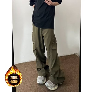 现货伞兵工装裤男女秋冬季宽松休闲裤痞帅阔腿直筒潮加绒加厚裤子图片