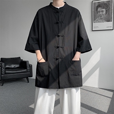 8XL-M新中式衬衫男中山装麻棉风复古中袖衬衣唐装CS527P60，男装衬衫，电商D206-1
