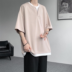 8XL-M重磅斜纹假两件短袖t恤男夏季薄款宽松大码半袖体恤DT006P45，男装T恤，电商B312