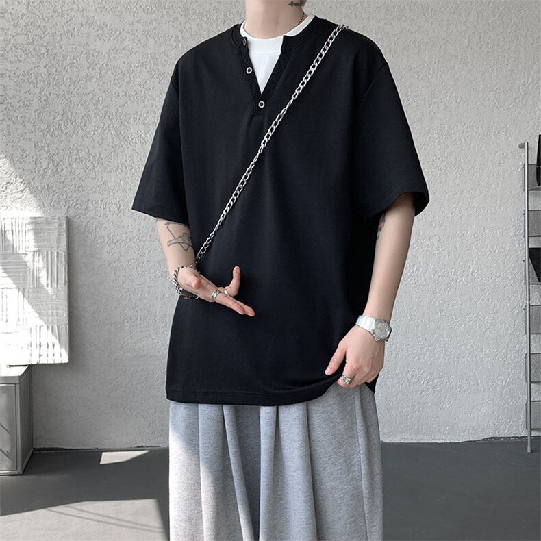 现货T10132-特批33控65夏季新款假两件曼巴棉大码撞色T恤,男装T恤,电商A059
