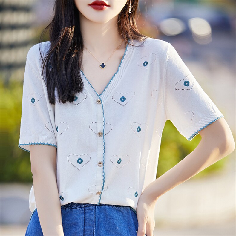 刺绣天丝针织衫短袖V领T恤女夏季宽松显瘦薄款莱赛尔洋气开衫上衣,女装T恤,优麦羊绒（原洪叶羊绒）