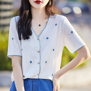 刺绣天丝针织衫短袖V领T恤女夏季宽松显瘦薄款莱赛尔洋气开衫上衣图片
