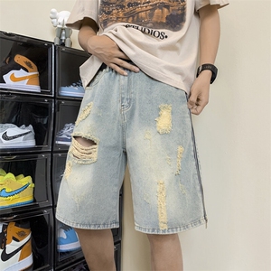 做旧复古水洗破洞牛仔短裤夏季新款宽松休闲五分裤图片