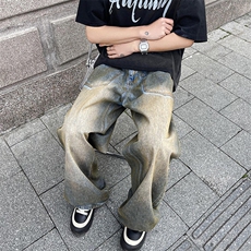 夏季潮牌直筒阔腿长裤2024新款水洗复古牛仔裤男现货K7805-P50，男装牛仔裤，星座512-3