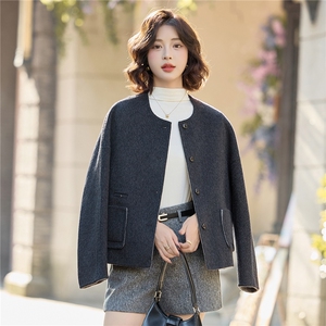高级感圆领短款毛呢外套女2025秋冬季新款气质百搭双面呢羊毛大衣图片