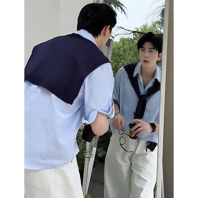 25夏新披肩条纹衬衫男设计感学院风宽松韩版FF05男文艺青少年学生图片