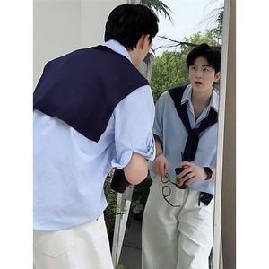 25夏新披肩条纹衬衫男设计感学院风宽松韩版FF05男文艺青少年学生图片