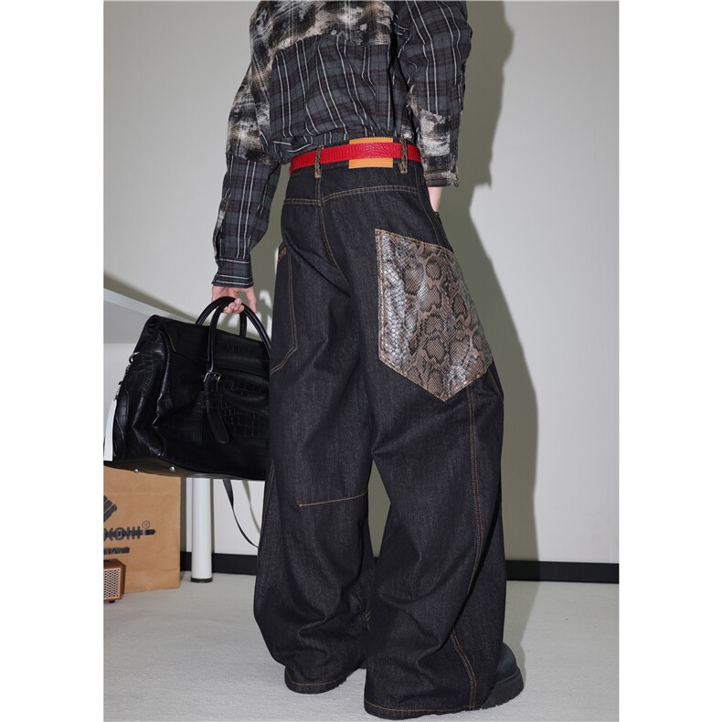 抖音品质春夏新款蛇纹弯刀宽松阔腿牛仔裤B315-K25708-特p53控98,男装牛仔裤,电商B315