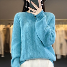 23秋冬新款100%纯羊毛衫女圆领麻花加厚毛衣宽松长袖羊绒衫打底衫，女装羊毛衫，大美人包芯纱店