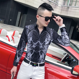 2021春秋衬衫社会男长袖上衣印花男装韩版修身四季潮流衬衣Q614-P55图片