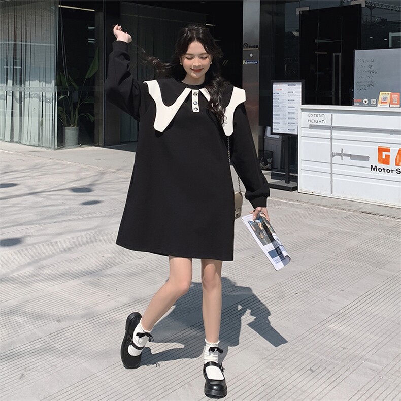 黑色娃娃领卫衣连衣裙春秋女2024新款小个子宽松减龄中长款卫衣裙,女装连衣裙,诺蝶