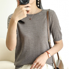 春夏季新款精纺微透纯羊毛衫女圆领短袖针织半袖毛衣羊绒衫超薄款，女装T恤，总能电商供货
