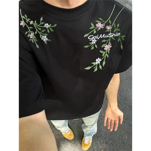 网图有货 美式花卉刺绣短袖T恤男女夏季潮牌宽松情侣t A415-P35图片