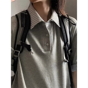 2026美式学院风polo衫宽松短袖t恤女夏季条纹假两件翻领灰色上衣图片