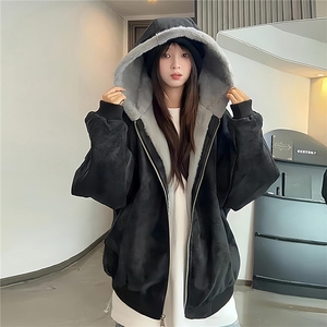 网络图J9012、原版高质量pu皮全兔绒棉服黑色杏色M-2XL图片