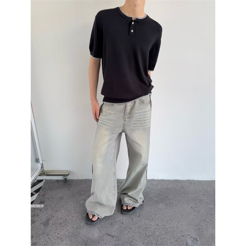 W9840-P55网图现货高品质美式亨利领假两件针织衫短袖V领半袖,男装T恤,星座1608-2