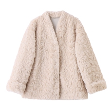 皮毛一体外套女秋季2025新款高级感巨好看轻奢V领中长款毛毛外套，女装羊羔毛/颗粒绒，流量+