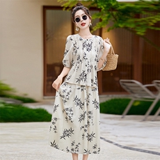 新中式国风印花套装女2025夏季新款宽松显瘦气质上衣半身裙两件套，女装套装/套裙，朵莱米