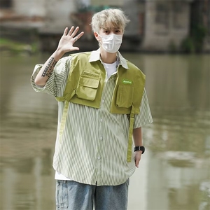 美式拼接假两件短袖衬衫男女夏季设计感情侣条纹工装衬衣MC39-p42图片