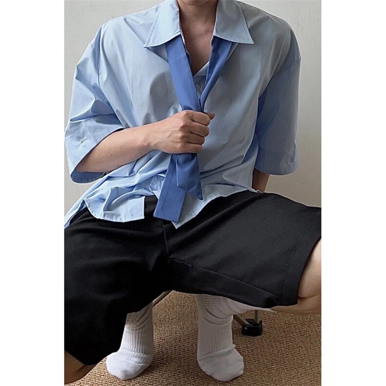 美式潮牌小众双层袖口设计感垫肩衬衫交叉领带拼接开衫男纯色上衣,男装衬衫,星座601-1