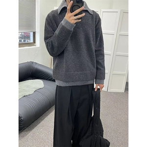重磅北极绒假两件衬衫领毛衣美式高街复古休闲慵懒纯色翻领针织衫图片