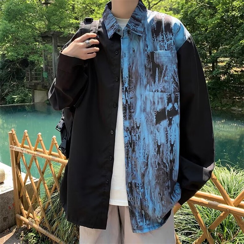 潮牌暗黑系扎染拼接长袖衬衫男网红高街宽松设计休闲撞色链条衬衣,男装衬衫,星座1013