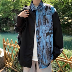 潮牌暗黑系扎染拼接长袖衬衫男网红高街宽松设计休闲撞色链条衬衣，男装衬衫，星座1013