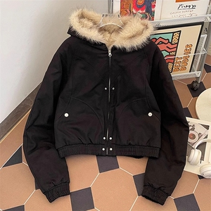 现货高品质美式高街冬季重磅硬挺短款座山雕毛领棉衣男女加厚外套图片
