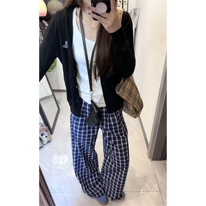 美式高街潮牌男女泡泡格子休闲裤直筒宽松慵懒显瘦阔腿休闲长裤子图片