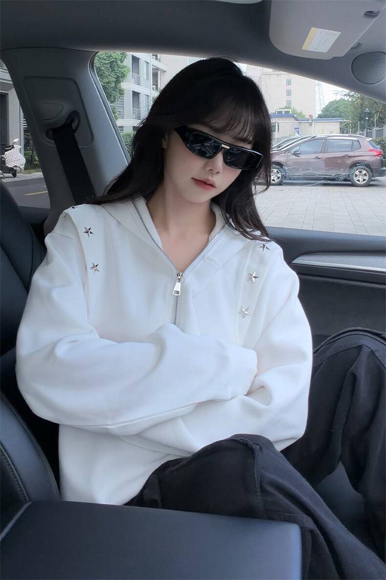 秋冬新款原创设计星星铆钉拉链连帽卫衣常规p75加绒p85,男装卫衣,电商B319