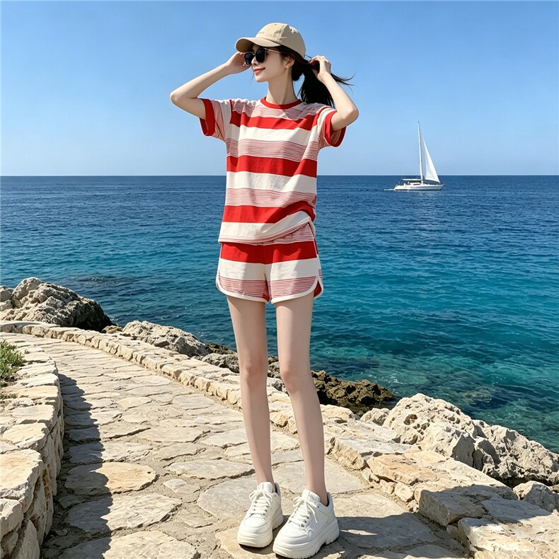 甜美时尚休闲套装女夏季新款显瘦圆领条纹短袖上衣阔腿短裤两件套,女装套装/套裙,江南