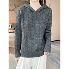 连帽绞花100%纯羊毛衫毛衣毛衣女宽松慵懒针织帽衫打底羊绒衫上衣，女装羊毛衫，隆格羊绒