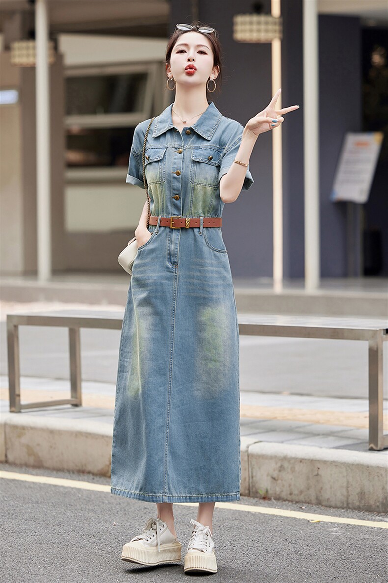 复古短袖牛仔连衣裙女2026夏季新款薄款气质收腰高级感开叉长裙子,女装连衣裙,印象茜