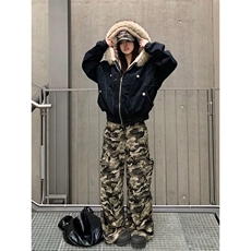 现货重磅boxy短款棉衣座山雕大毛毛领男女棉服水洗工装厚外套，男装棉衣，电商A486