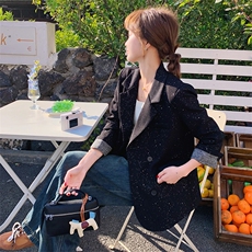 设计感黑色亮片短款西装外套女2025年秋季新款时尚百搭西服上衣潮，女装西装，2C218